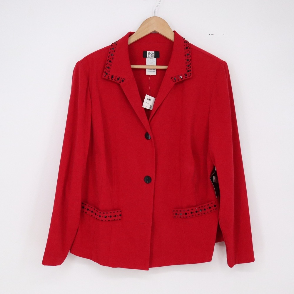 Studio 1940 Blazer Womens 16W Beaded Accent Red Plus Size Two-Button NWT